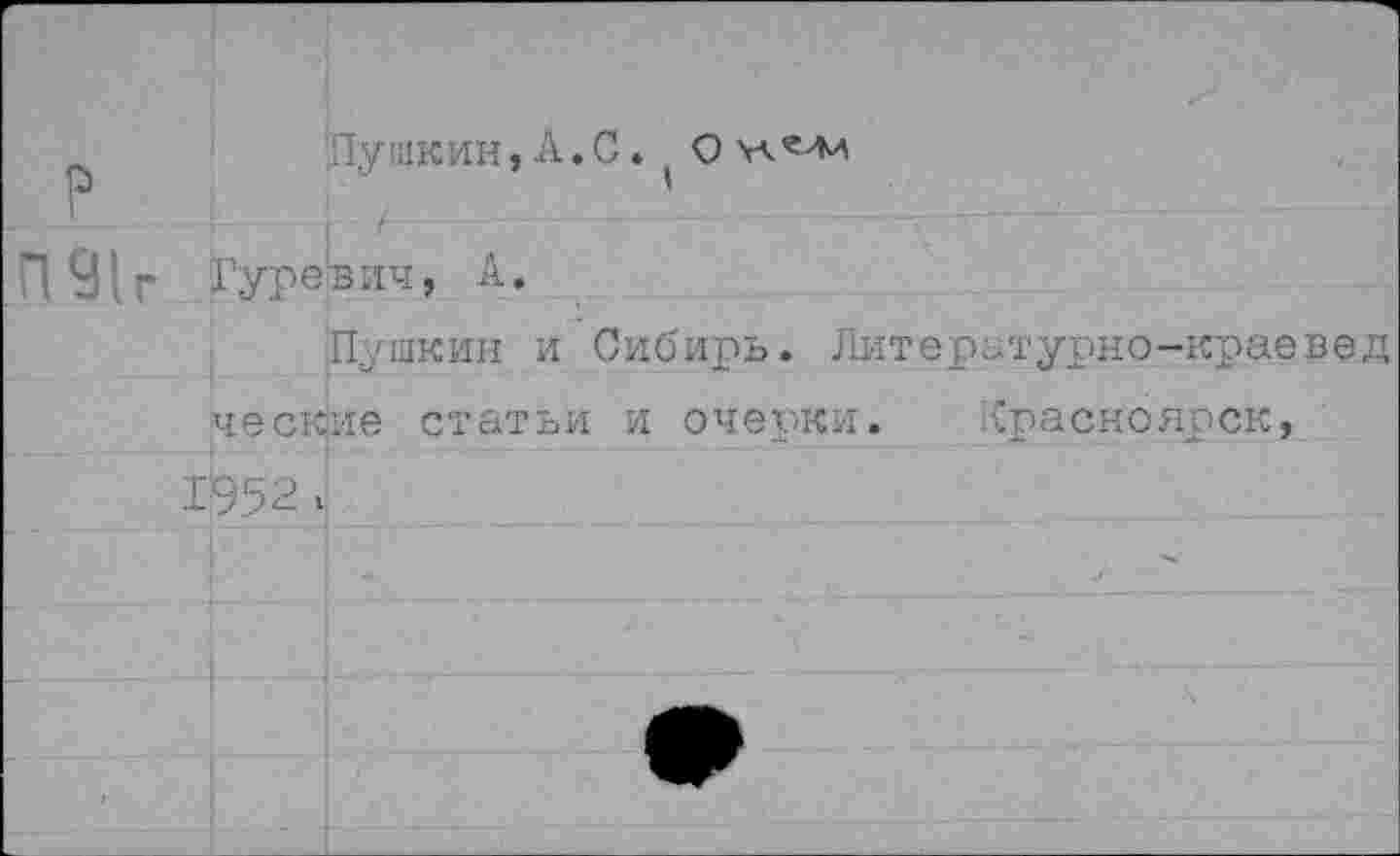 ﻿.	’Пушкин, А. С.
1	Р
П91г Гуревич, А.
Пушкин и Сибирь. Литературно-краевед ческме статьи и очерки. Красноярск,
1952 .